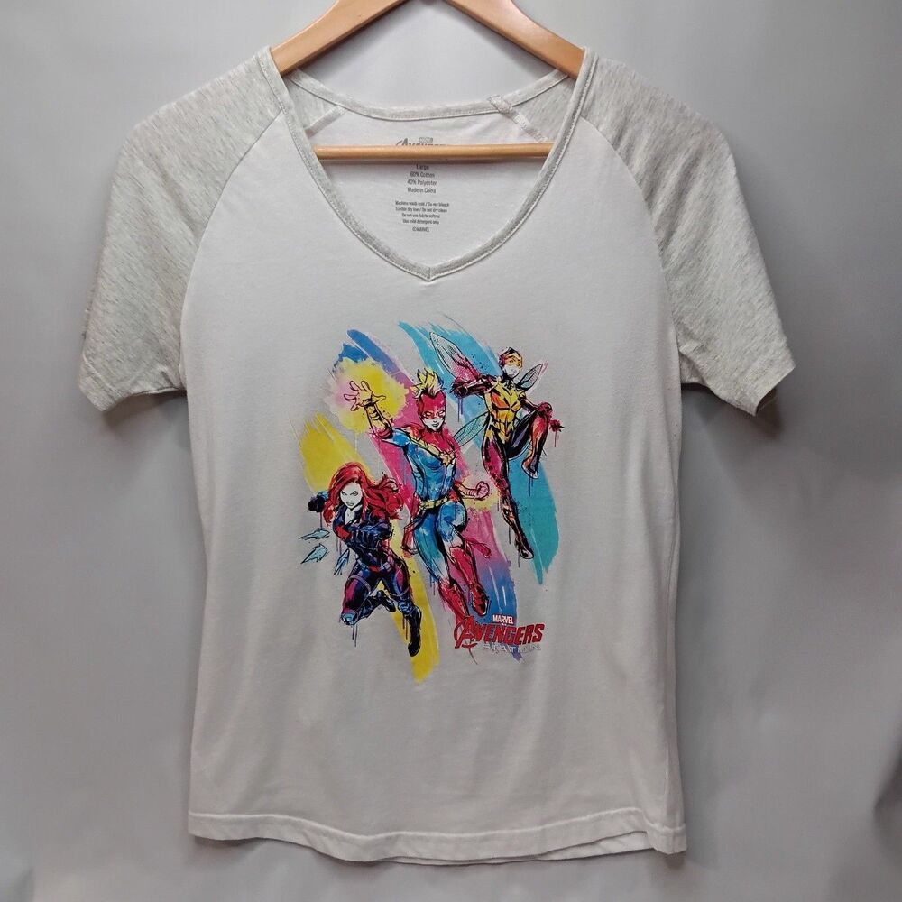 Marvel Avengers Station V Neck T-shirt Women’s Size L White With Grey Panels